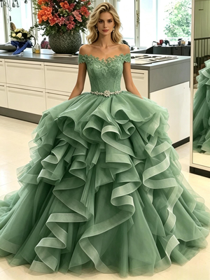 Green Tulle Off the Lace Prom Dress