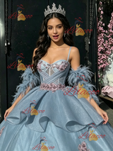 Blue Tulle Appliques Straps Quinceanera Dress