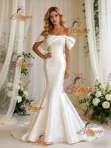 Beige White Satin Mermaid Off the Shoulder Bow Wedding Dress
