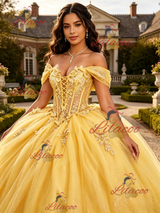 Yellow Tulle Off the Shoulder Appliques Quinceanera Dress