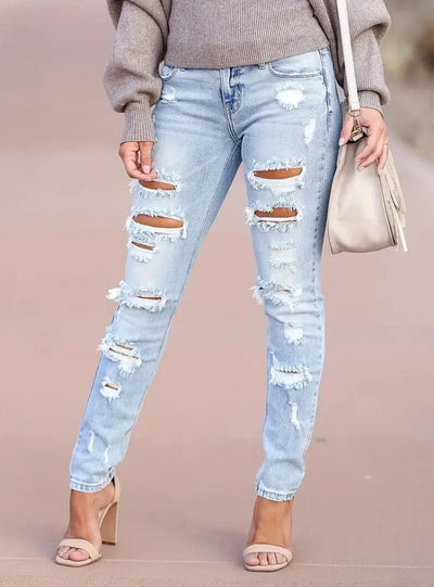Women Washed Hole Pencil Jeans
