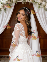 White Tulle Appliques Long Sleeve V-neck Wedding Dress