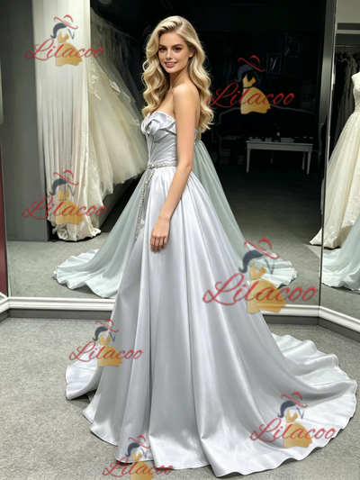 Silver Satin Strapless Pleats Prom Dress