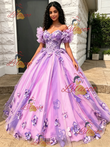 Purple Tulle Off the Shoulde 3D Flower Quinceanera Dress