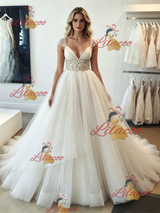 White Tulle V-neck Straps Beading Wedding Dress