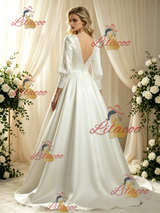 Ivory Satin Long Sleeve Backless Lace Wedding Dress
