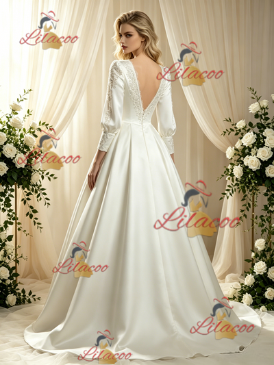 Ivory Satin Long Sleeve Backless Lace Wedding Dress