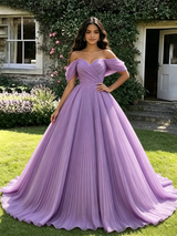 Purple Tulle Off the Shoulder Pleats Quinceanera Dress