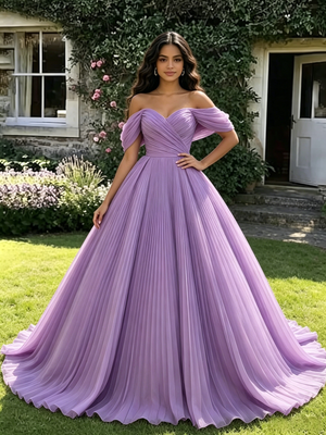 Purple Tulle Off the Shoulder Pleats Quinceanera Dress