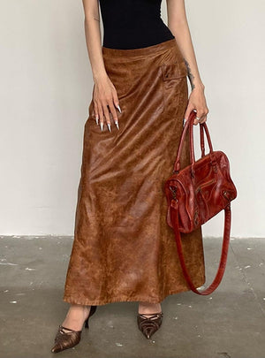 Retro Leather Stitching Pocket Skirt