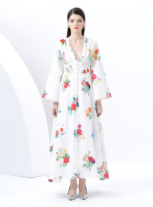 Retro Deep V-neck Printed Long Dress