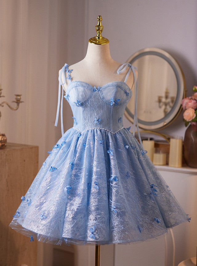 Blue Lace Sequins Straps Butterfly Homecoming Dress