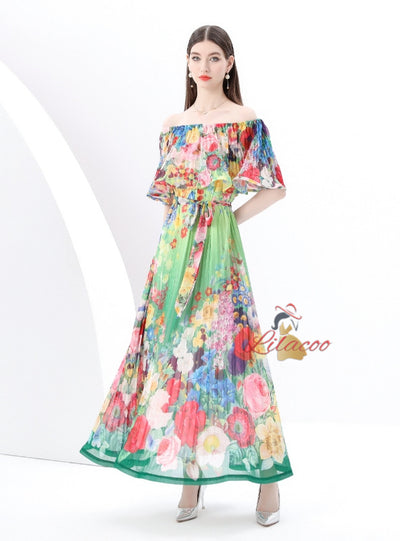 Off the Shoulder Pleated Printed Long Dress