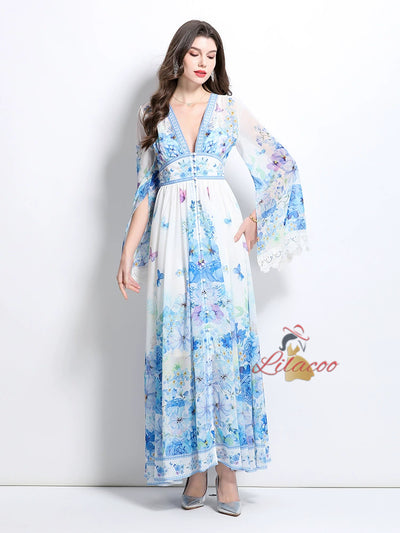 Deep V-neck Breasted Long Printed Dress