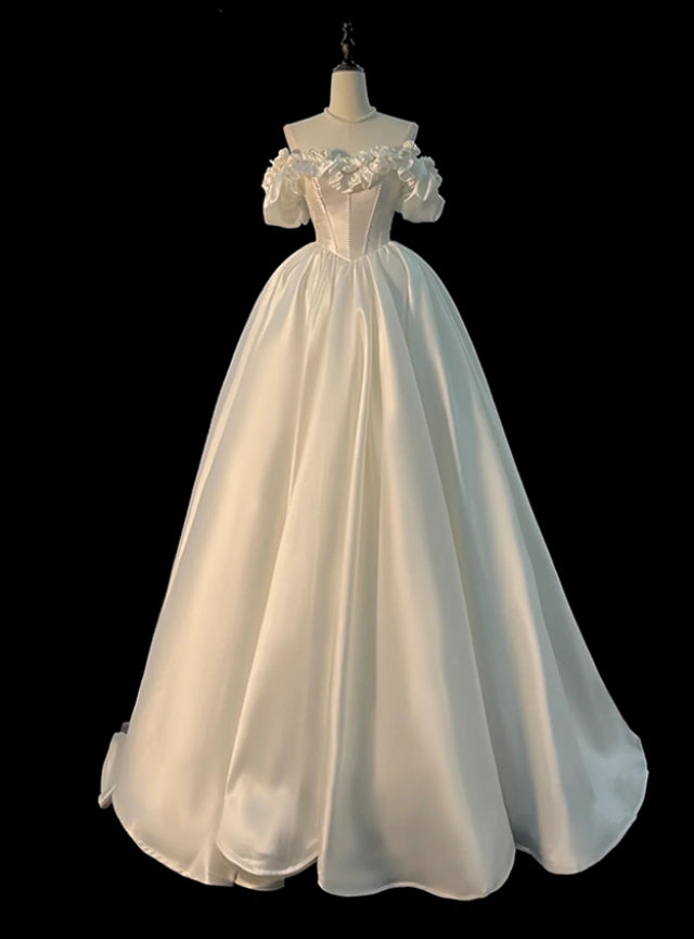 White Satin Flower Wedding Dress