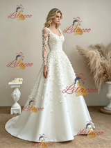 White Long Sleeve Flower Wedding Dress