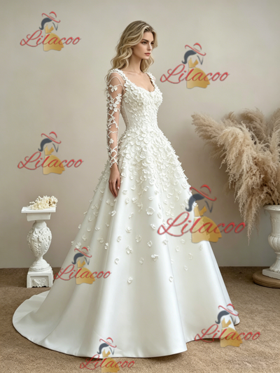 White Long Sleeve Flower Wedding Dress