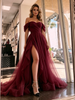 Burgundy Tulle Off the Shoulder Pleats Prom Dress