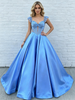 Blue Satin Straps Pleats Prom Dress