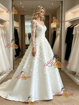 White Long Sleeve Flower Wedding Dress