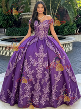 Purple Tulle Off the Shoulder Appliques Quinceanera Dress