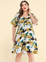 V-neck Ruffled Printed Stitching Dress