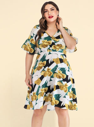 V-neck Ruffled Printed Stitching Dress