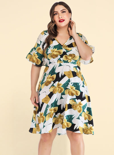 V-neck Ruffled Printed Stitching Dress