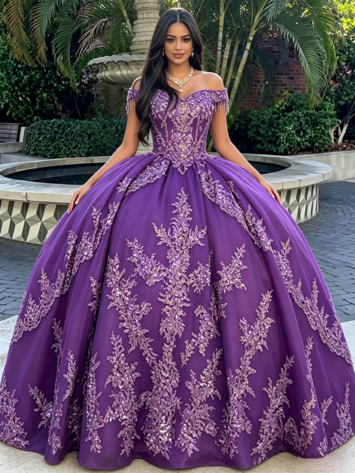 Purple Tulle Off the Shoulder Appliques Quinceanera Dress