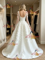 White Long Sleeve Flower Wedding Dress