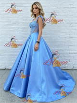 Blue Satin Straps Pleats Prom Dress