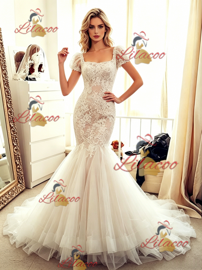 White Mermaid Tulle Lace Wedding Dress
