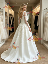 White Long Sleeve Flower Wedding Dress