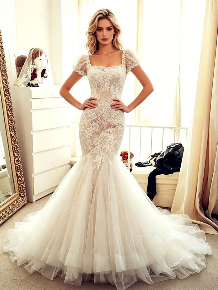 White Mermaid Tulle Lace Wedding Dress