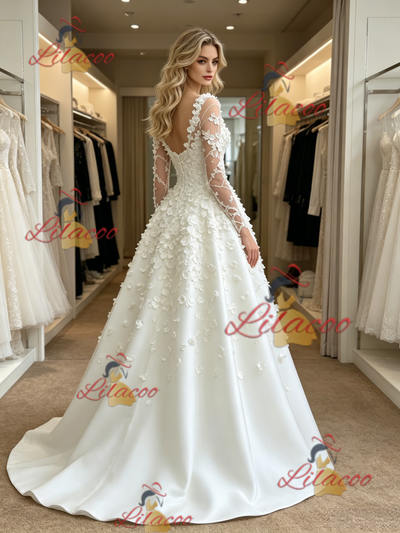 White Long Sleeve Flower Wedding Dress