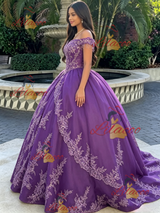 Purple Tulle Off the Shoulder Appliques Quinceanera Dress