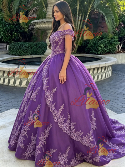 Purple Tulle Off the Shoulder Appliques Quinceanera Dress