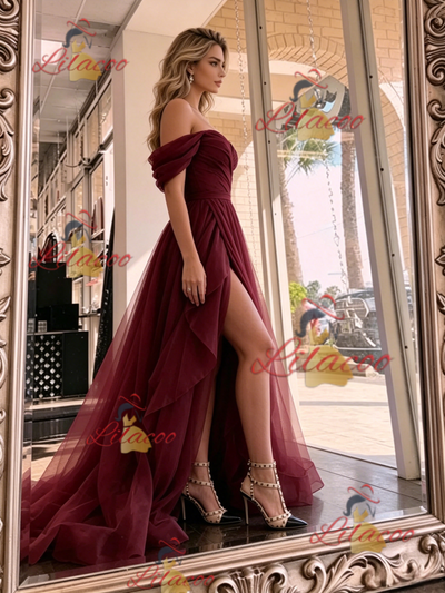 Burgundy Tulle Off the Shoulder Pleats Prom Dress