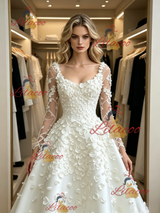 White Long Sleeve Flower Wedding Dress
