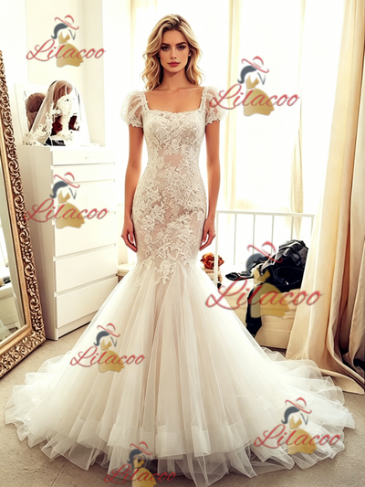 White Mermaid Tulle Lace Wedding Dress