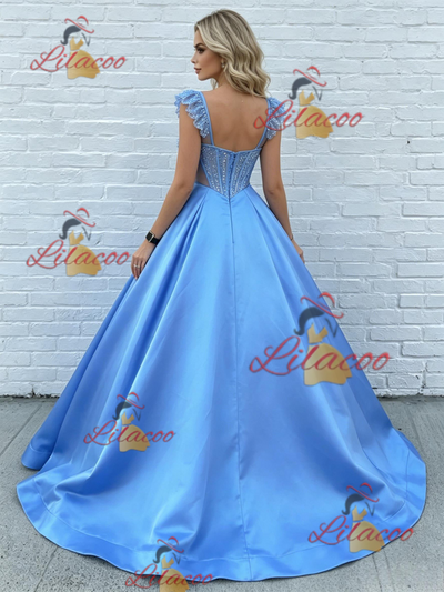 Blue Satin Straps Pleats Prom Dress