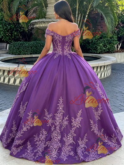 Purple Tulle Off the Shoulder Appliques Quinceanera Dress