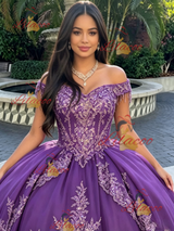 Purple Tulle Off the Shoulder Appliques Quinceanera Dress