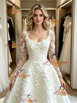White Long Sleeve Flower Wedding Dress