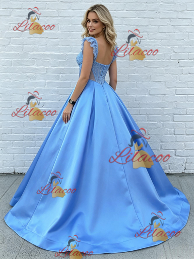 Blue Satin Straps Pleats Prom Dress