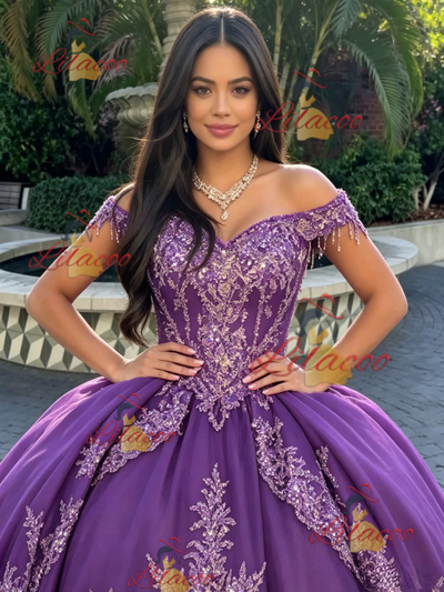 Purple Tulle Off the Shoulder Appliques Quinceanera Dress