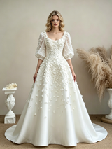 White Square Neck Puff Sleeve Flower Wedding Dress