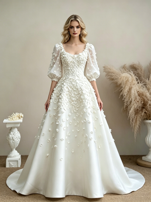 White Square Neck Puff Sleeve Flower Wedding Dress