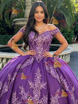 Purple Tulle Off the Shoulder Appliques Quinceanera Dress