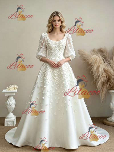 White Square Neck Puff Sleeve Flower Wedding Dress